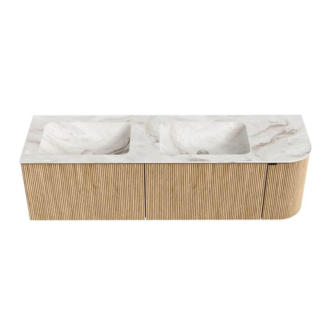 MONDIAZ KURVE-DLUX 155cm meuble de salle de bains avec module 25 R couleur chêne avec 2 tiroirs et 1 porte. Vasque LEAF double / gauche 2 trous de robinet couleur Frappe. SW1137374