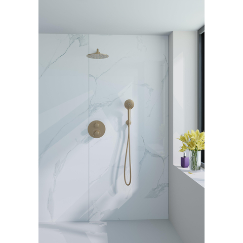 Fortifura Calvi Inbouw Regendoucheset - rond - thermostatisch - wandarm - 25cm - hoofddouche - ronde handdouche - gladde slang - PVD - geborsteld messing (goud) SW1244919
