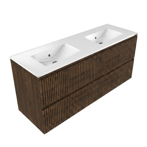 Saniclass Holz Atelier Meuble de salle de bain - 140x45x60cm - lavabo en céramique blanc - 2 vasques - sans trous de robinet - 4 tiroirs - Charcoal SW1437737