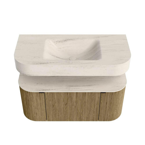 MONDIAZ THOR-DLUX 100cm meuble de salle de bains arrondi gauche + droite couleur Dusk avec 1 tiroir et 2 portes. Vasque suspendue CLOUD Milieu sans trou de robinet couleur Meli. SW1467477