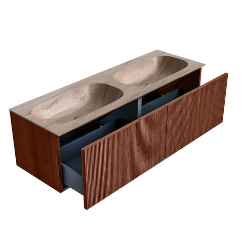 MONDIAZ KURVE-DLUX Meuble de salle de bains 140cm couleur Ruby avec 2 tiroirs et 0 portes. Lavabo STOR SMALL Double 2 trous de robinet Saba. SW1433509
