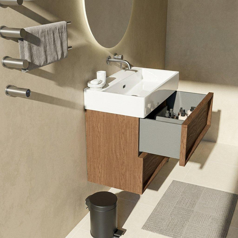 Saniclass Holz Frame Badkamermeubelset - 80x45x72cm - Legend keramische wastafel wit - 1 wasbak - zonder kraangat - 2 lades - mat walnut pure (hout) SW1579975