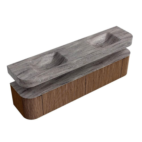 MONDIAZ THOR-DLUX 200cm meuble de salle de bains arrondi gauche + droite couleur Walnut avec 2 tiroirs et 2 portes. Vasque suspendue CLOUD Double 2 trous de robinet couleur Oza. SW1467191