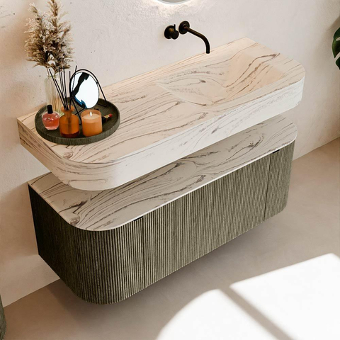 MONDIAZ THOR-DLUX 120cm meuble de salle de bains arrondi gauche + droite couleur Shadow avec 1 tiroir et 2 portes. Vasque suspendue CLOUD Droite sans trou de robinet couleur Nata. SW1463404