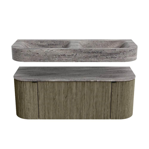 MONDIAZ THOR-DLUX 120cm meuble de salle de bains arrondi gauche + droite couleur Shadow avec 1 tiroir et 2 portes. Vasque suspendue CLOUD Double sans trou de robinet couleur Oza. SW1463464
