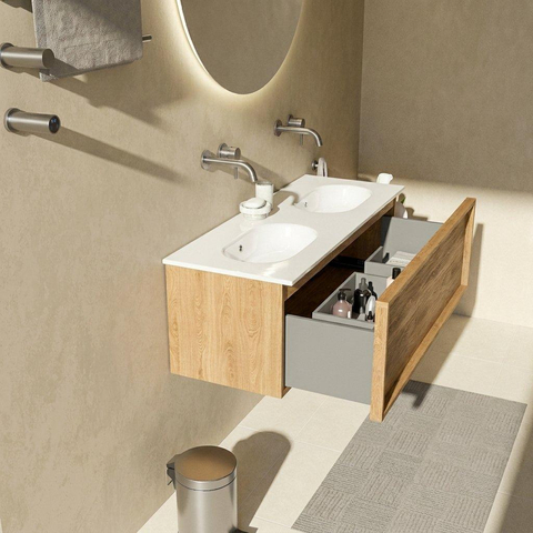 Saniclass Holz Frame Badkamermeubelset - 120x45x54cm - Chaci keramische wastafel wit - 2 wasbakken - zonder kraangaten - 1 lade - mat eiken natural (hout) SW1478265