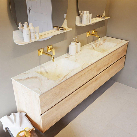 MONDIAZ VICA-DLUX Ensemble meuble de salle de bains - 200cm - meuble bas Washed oak - 4 tiroirs - lavabo encastré cloud double - sans trous de robinet - version haute 60cm - frape SW1088814