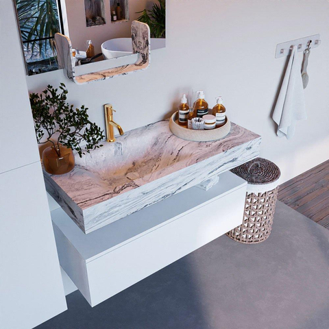Mondiaz ALAN-DLUX Ensemble de meuble - 100cm - meuble Talc mat - 1 tiroir - Lavabo Cloud Glace suspendu - vasque Gauche - 1 trou de robinet SW805007