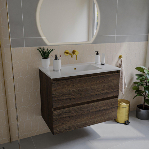 Saniclass Holz Pure Meuble de salle de bain - 80x45x60cm - lavabo en céramique blanc - 1 vasque - sans trous de robinet - 2 tiroirs - Charcoal SW1439444