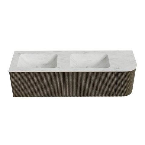 Mondiaz KURVE-DLUX Badkamermeubelset - 155x46x40cm - 2 lade - 1 deur - wastafel solid surface - dubbel / links - zonder kraangat - Shadow SW1414095