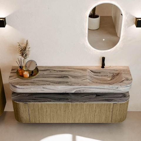 MONDIAZ THOR-DLUX 170cm badmeubel ronding links + rechts kleur Dusk met 1 lade en 2 deuren. Vrijhangende wastafel CLOUD Rechts 1 kraangat kleur Sombra. SW1465872