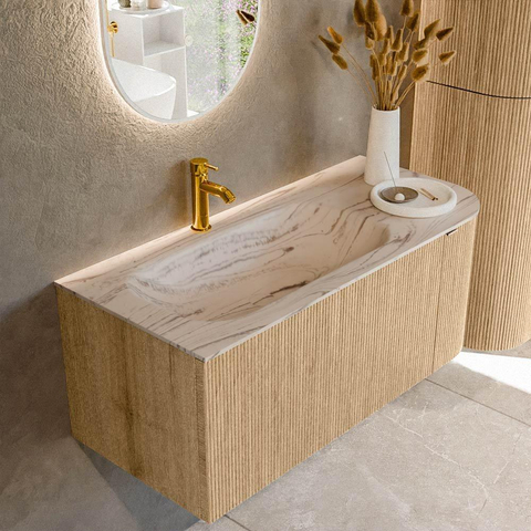 MONDIAZ KURVE-DLUX 105cm badmeubel ronding Rechts kleur Oak met 1 lade en 1 deur. Wastafel BIG SMALL Links 1 kraangat Nata. SW1432092