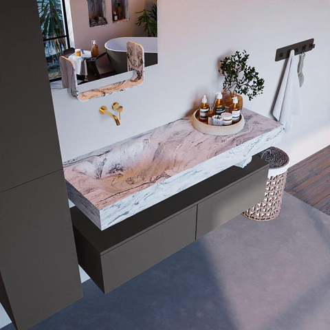 Mondiaz ALAN-DLUX Ensemble de meuble - 130cm - meuble Dark grey mat - 2 tiroirs - Lavabo Cloud Glace suspendu - vasque Gauche - 0 trous de robinet SW805366