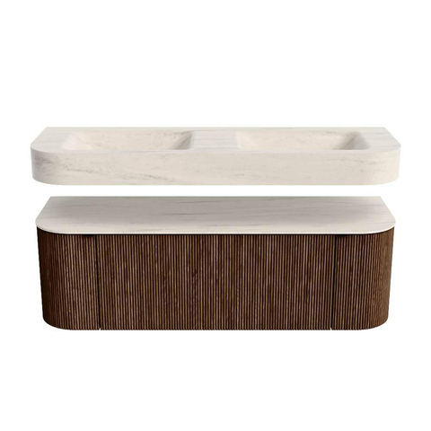 MONDIAZ THOR-DLUX 140cm badmeubel ronding links + rechts kleur Walnut met 1 lade en 2 deuren. Vrijhangende wastafel CLOUD Dubbel 2 kraangaten kleur Meli. SW1464382