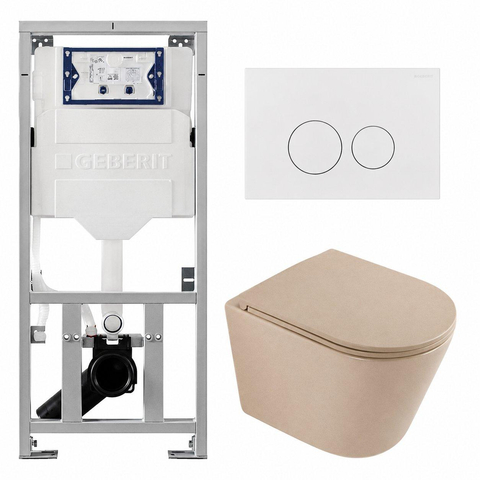 QeramiQ Dely Pack WC - 36,3x51,7cm - à fond creux - sans bride - réservoir encastré Geberit UP320 - abattant WC à fermeture douce - plaque de déclenchement blanche brillante - boutons ronds - beige mat SW1242411