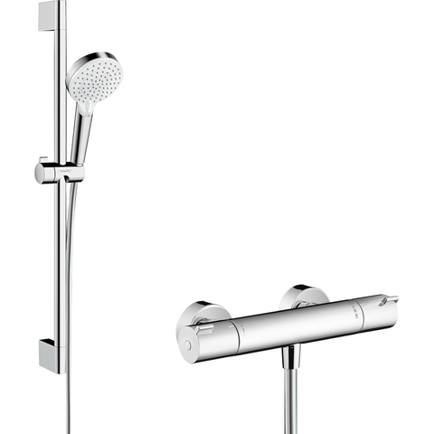 Hansgrohe Crometta Douchecombinatie: - met Ecostat - 1001 CL douchekraan - thermostatische - met glijstangset - 65cm - met Crome - thermostaat - wit chroom SW73235