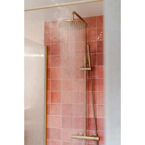Fortifura Calvi Regendoucheset - thermostatisch - 25cm hoofddouche - metalen slang - staafhanddouche - Geborsteld Messing PVD (Goud) SW788000