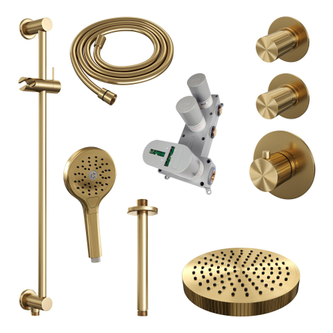 BRAUER Stripe Douche de pluie thermostatique encastrable - SET 12 - pomme de douche 25 cm - bras plafond - douchette 3 positions - flexible de douche - barre coulissante intégrée - PVD or brossé SW1434843