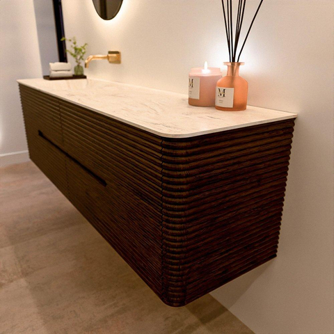 Mondiaz CIRO-DLUX Ensemble de meubles de salle de bains - 170x45x50cm - plan-vasque solid surface Ostra - 1 bassin à gauche - sans trous de robinet - 4 tiroirs - Noyer SW1530388