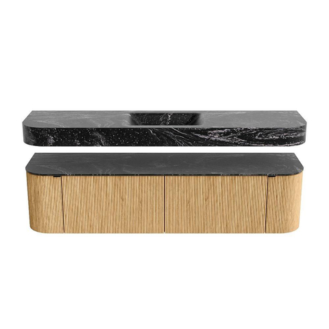 MONDIAZ THOR-DLUX 180cm meuble de salle de bains arrondi gauche + droite couleur Oak avec 2 tiroirs et 2 portes. Vasque suspendue CLOUD Milieu 1 trou de robinet couleur Lava. SW1465891
