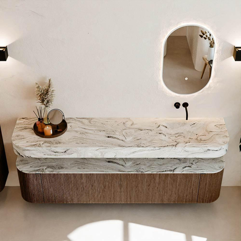 MONDIAZ THOR-DLUX 200cm badmeubel ronding links + rechts kleur Walnut met 2 lades en 2 deuren. Vrijhangende wastafel CLOUD Rechts zonder kraangat kleur Glace. SW1466979