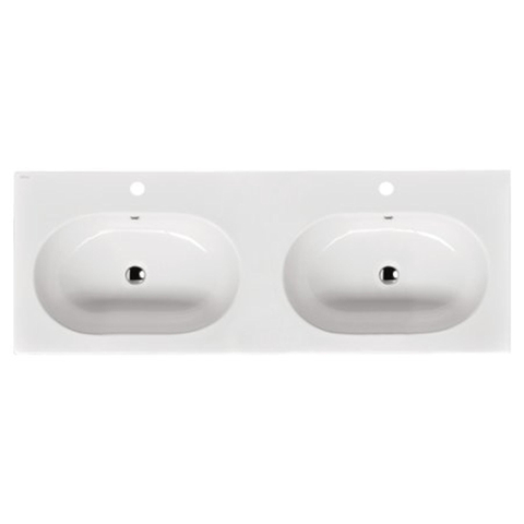 Saniclass Palermo Meubelwastafel - 140x47x3.5cm - overloop - 2 wasbakken links/rechts - 2 kraangaten - keramiek - wit OUTLETSTORE STORE38203