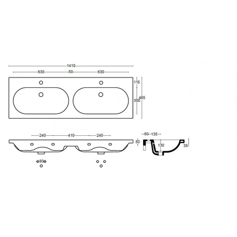 Saniclass Palermo Meubelwastafel - 140x47x3.5cm - overloop - 2 wasbakken links/rechts - 2 kraangaten - keramiek - wit OUTLETSTORE STORE38164