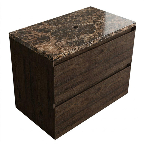Saniclass Holz Pure Badkamermeubelset - 80x45x63cm - Noche natuurstenen topblad dark emperador - zonder kraangat - 2 lades - mat eiken charcoal (hout) SW1478271