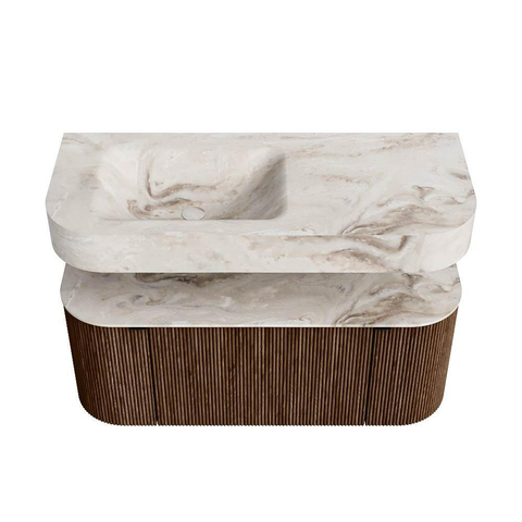 MONDIAZ THOR-DLUX 110cm badmeubel ronding links + rechts kleur Walnut met 1 lade en 2 deuren. Vrijhangende wastafel CLOUD Links 1 kraangat kleur Frappe. SW1462795
