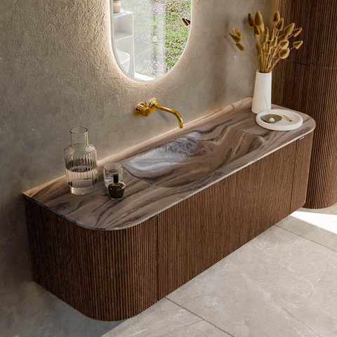 MONDIAZ KURVE-DLUX 140cm badmeubel ronding Links + Rechts kleur Walnut met 1 lade en 2 deuren. Wastafel BIG SMALL Midden zonder kraangat Sombra. SW1433656