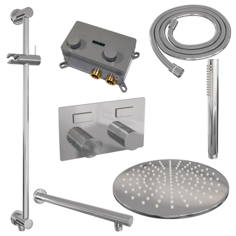 BRAUER Chrome Carving Thermostatische Regendouche inbouw - drukknoppen - SET 62 - 30cm hoofddouche - rechte muurarm - staaf handdouche - doucheslang - geïntegreerde glijstang - chroom SW925519
