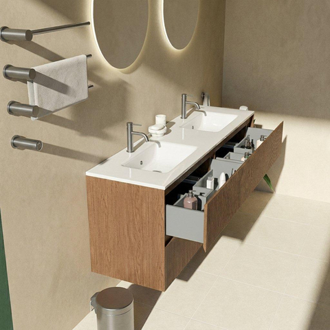 Saniclass Holz Atelier Ensemble de meubles de salle de bains - 160x45x62cm - Lavabo Vygo en céramique blanc - 2 vasques - 2 trous de robinet - 4 tiroirs - noyer pure mat (bois) SW1478935