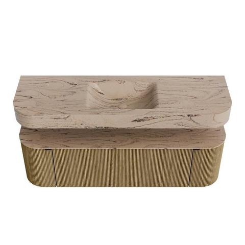 MONDIAZ THOR-DLUX 150cm meuble de salle de bains arrondi gauche + droite couleur Dusk avec 1 tiroir et 2 portes. Vasque suspendue CLOUD centrale sans trou de robinet couleur Arena. SW1464735