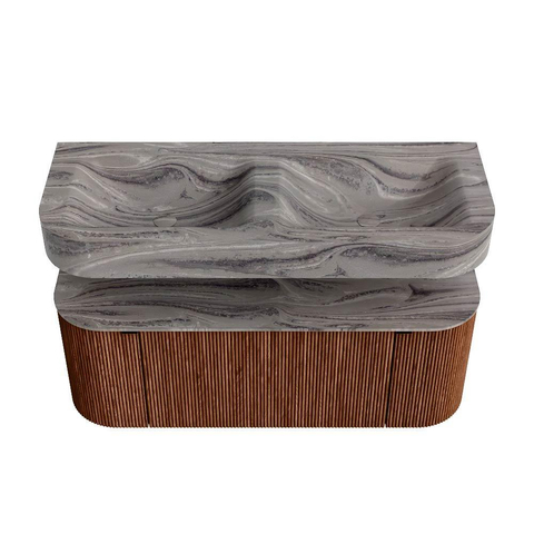 MONDIAZ THOR-DLUX 120cm meuble de salle de bains arrondi gauche + droite couleur Ruby avec 1 tiroir et 2 portes. Vasque suspendue CLOUD Double sans trou de robinet couleur Sombra. SW1463663