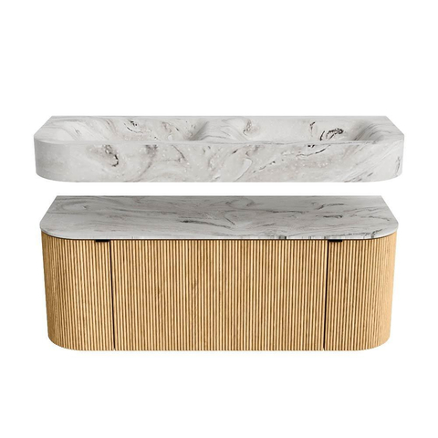 MONDIAZ THOR-DLUX 120cm badmeubel ronding links + rechts kleur Oak met 1 lade en 2 deuren. Vrijhangende wastafel CLOUD Dubbel zonder kraangat kleur Glace. SW1463059
