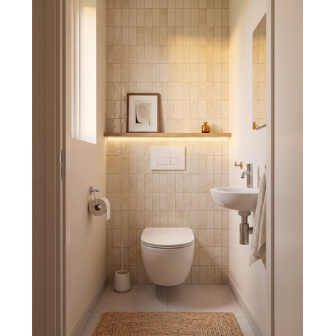 Pack WC QeramiQ Dely Swirl Compact - réservoir encastrable Geberit UP320 - avec bâti-support Burda - abattant 25 mm - plaque de commande en métal blanc mat - boutons rectangulaires - blanc brillant SW1592320