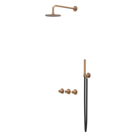 IVY Concord Ensemble de douche de tête - encastré - symétrique - 2 robinets d'arrêt - bras mural 40 cm - douche de tête medium 20 cm - support avec sortie - flexible de douche 150 cm - douchette à main modèle barre - RVS316 - cuivre brossé mat PVD SW1032024