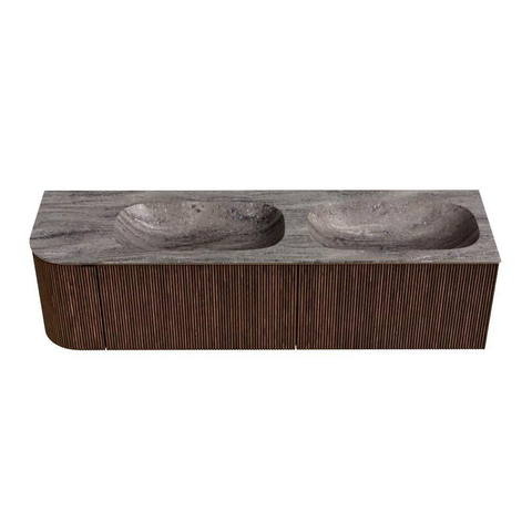 MONDIAZ KURVE-DLUX 165cm badmeubel ronding Links kleur Walnut met 2 lades en 1 deur. Wastafel STOR SMALL Dubbel / Rechts zonder kraangat Oza. SW1432505