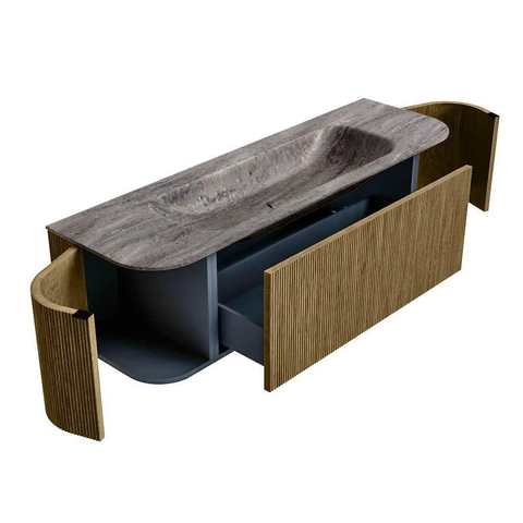 MONDIAZ KURVE-DLUX Meuble de salle de bains 150cm arrondi gauche + droite couleur Dusk avec 1 tiroir et 2 portes. Lavabo BIG MEDIUM milieu 1 trou de robinet Oza. SW1432993