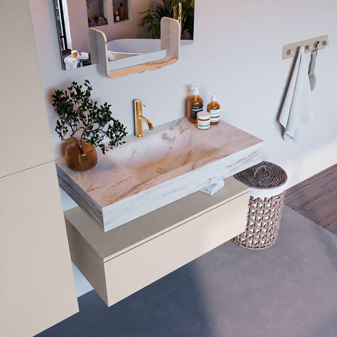 Mondiaz ALAN-DLUX Ensemble de meuble - 90cm - meuble Linen mat - 1 tiroir - Lavabo Cloud Frappe suspendu - vasque Centre - 1 trou de robinet SW805443