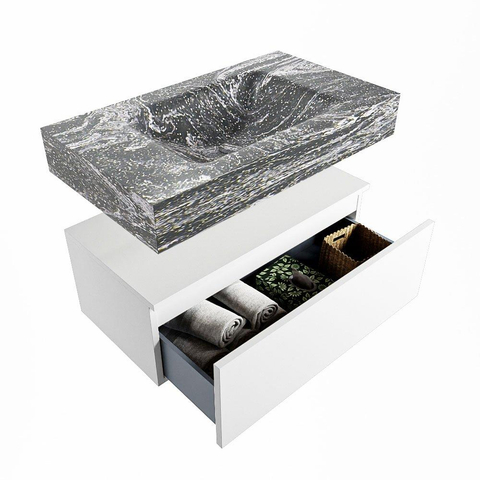 MONDIAZ ALAN - DLUX Badkamermeubelset - 80cm - onderkast - Talc - 1 lade - vrijhangende wastafel - wasbak midden - 1 kraangat - Lava SW807972