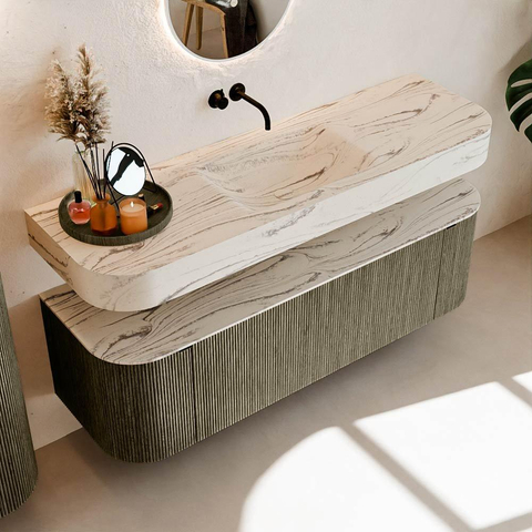 MONDIAZ THOR-DLUX 150cm meuble de salle de bains arrondi gauche + droite couleur Shadow avec 1 tiroir et 2 portes. Vasque suspendue CLOUD Milieu sans trou de robinet couleur Nata. SW1464829