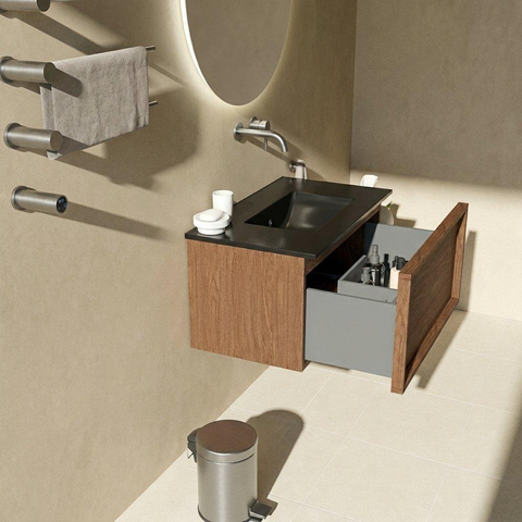 Saniclass Holz Frame Badkamermeubelset - 80x45x42cm - Vygo keramische wastafel zwart - 1 wasbak - zonder kraangat - 1 lade - mat walnut pure (hout) SW1478951