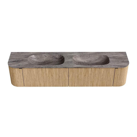 MONDIAZ KURVE-DLUX Meuble de salle de bains 200cm arrondi Gauche + Droite couleur Chêne avec 2 tiroirs et 2 portes. Lavabo STOR SMALL Double 2 trous de robinet Oza. SW1432712