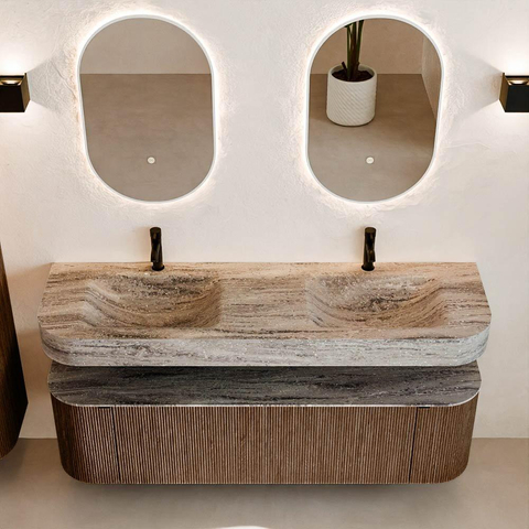 MONDIAZ THOR-DLUX 160cm meuble de salle de bains arrondi gauche + droite couleur Walnut avec 1 tiroir et 2 portes. Vasque suspendue CLOUD Double 2 trous de robinet couleur Oza. SW1465303