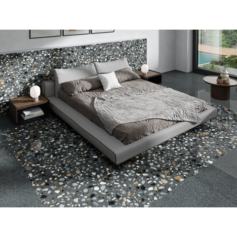 Terravito Hodoro carreau mural et de sol - 59.5x59.5cm - 9.5mm - rectifié - Terrazzo - Noir SW857381