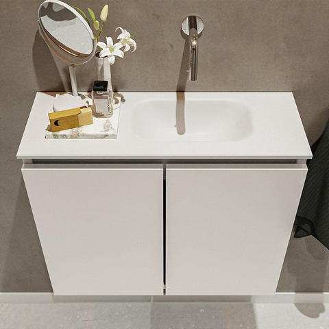 MONDIAZ TURE Fonteinset - 60x23x50cm - 0 kraangaten - 2 deuren - linen mat - Wasbak rechts - Solid Surface Wit SW475082