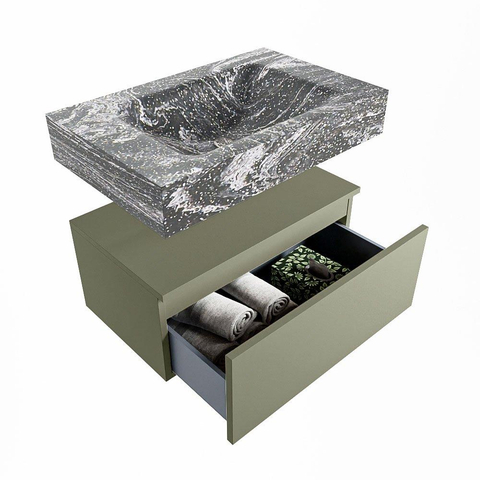 Mondiaz ALAN-DLUX Ensemble de meuble - 70cm - meuble Army mat - 1 tiroir - Lavabo Cloud Lava suspendu - vasque Centre - 1 trou de robinet SW808490