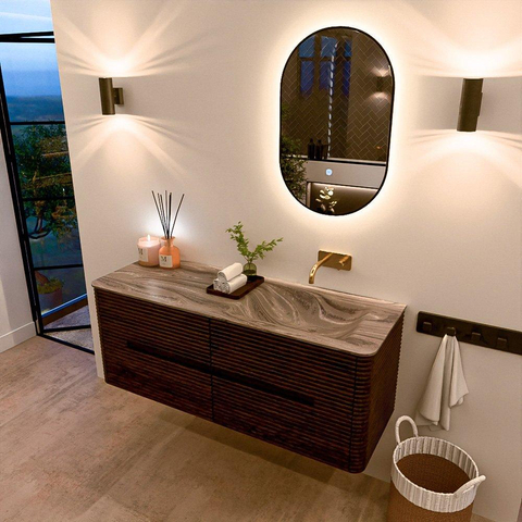 Mondiaz CIRO-DLUX Ensemble de meubles de salle de bains - 130x45x50cm - Plan-vasque en solid surface Sombra - 1 lavabo à droite - sans trous de robinetterie - 4 tiroirs - Noyer SW1530807