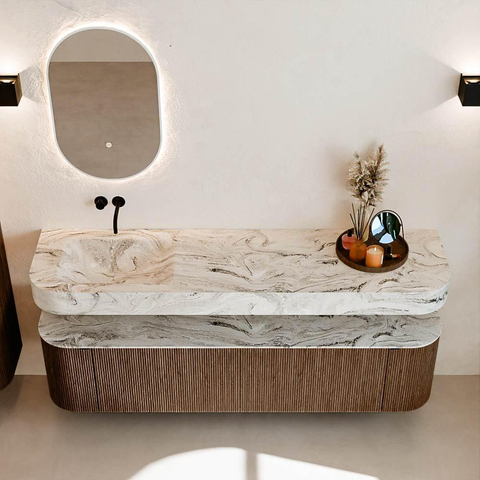 MONDIAZ THOR-DLUX 180cm badmeubel ronding links + rechts kleur Walnut met 2 lades en 2 deuren. Vrijhangende wastafel CLOUD Links zonder kraangat kleur Glace. SW1465954